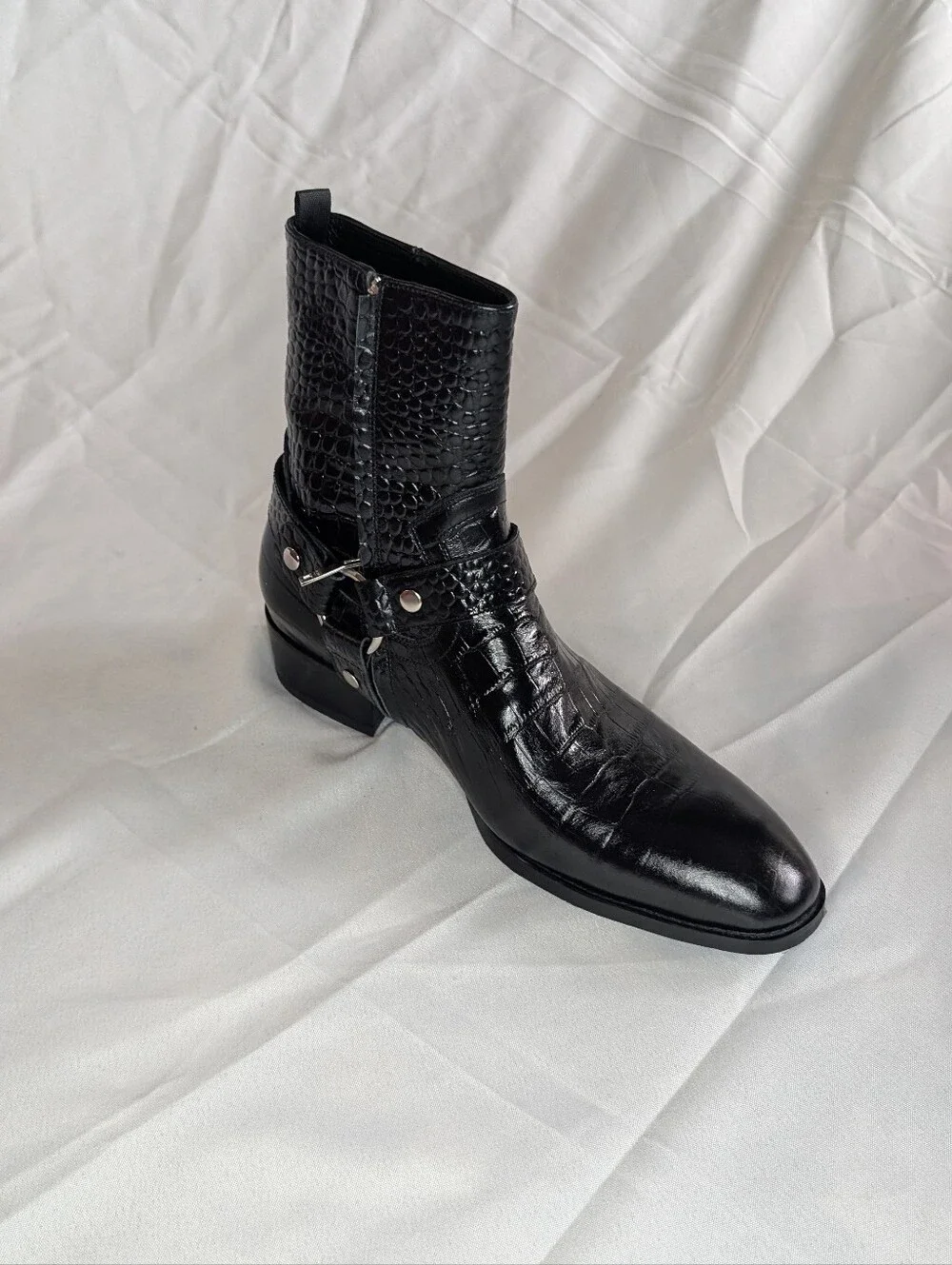 Saint Laurent Black Croc-Embossed Harness Western Boot - Picture 3 of 13